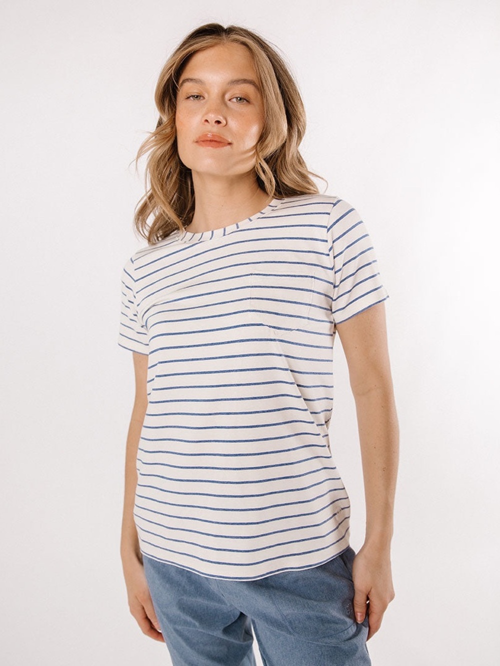 Albion fit basic tee small blue white crew neck short sleeve Venice stripe